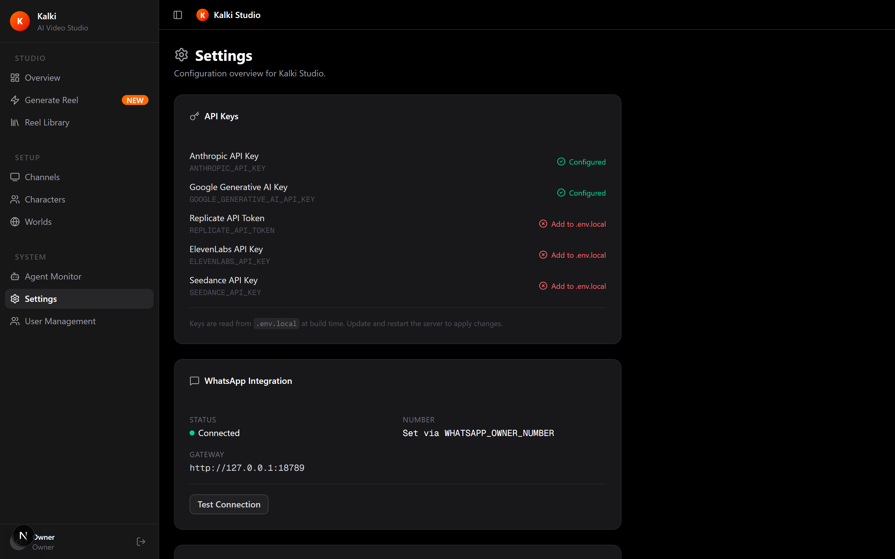 Kalki Settings screen